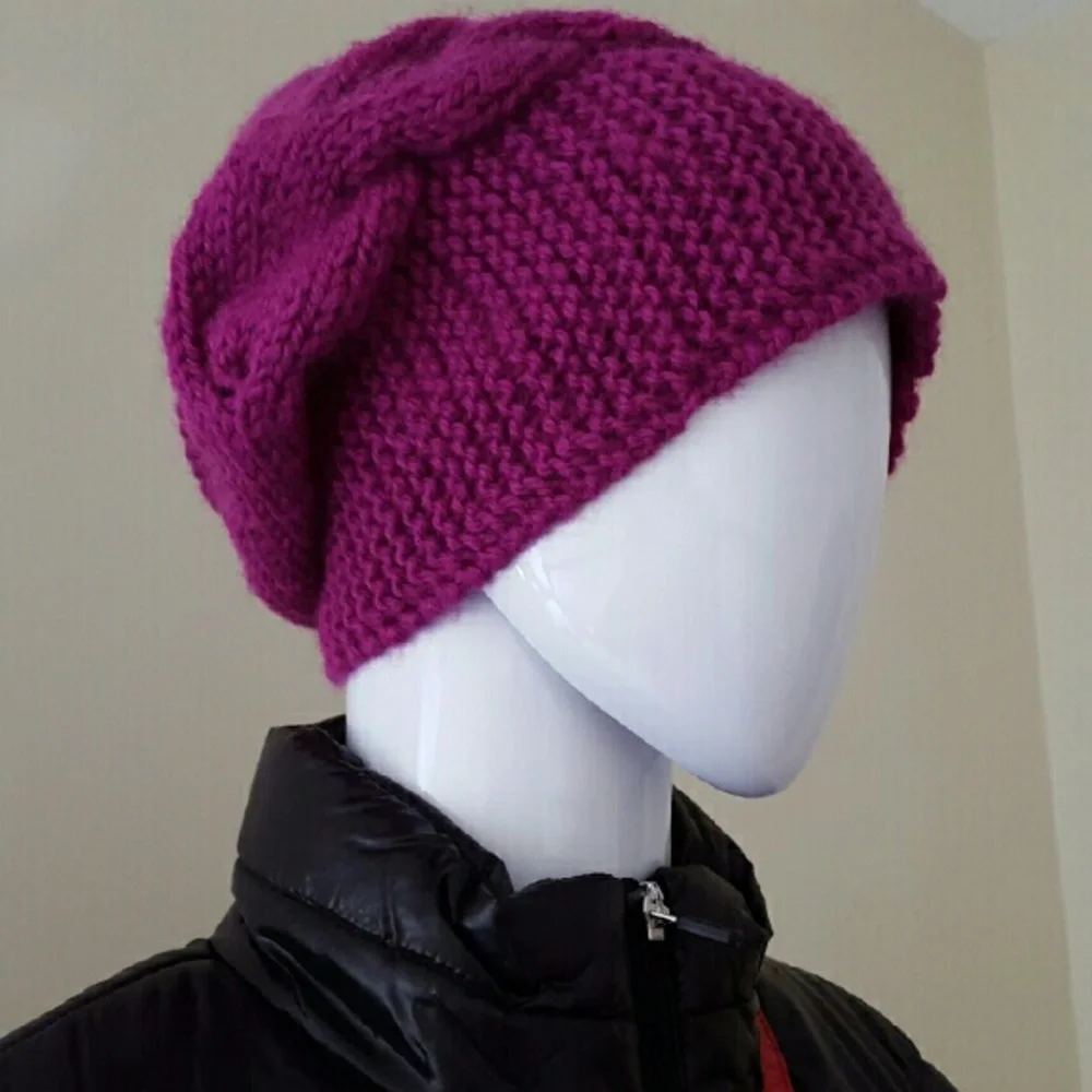 New West Loop Cream Knit Gloves + Hand Knit Purple Magenta Winter Cap Set